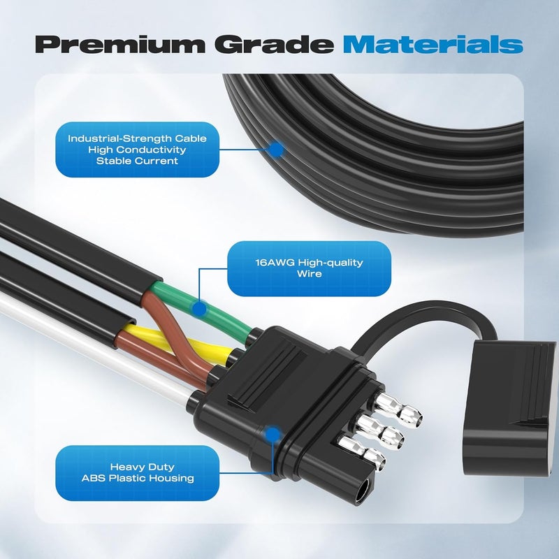 Malictele 4 Pin 5 Wire Trailer Wiring Harness Kit, 26FT 16AWG Core with Jacketed Cable Trailer Light Kit 4 Way Flat 5 Wire Trailer Plug for Rewiring Both-Side Taillights on Trailers RVs and Boats - Image 5